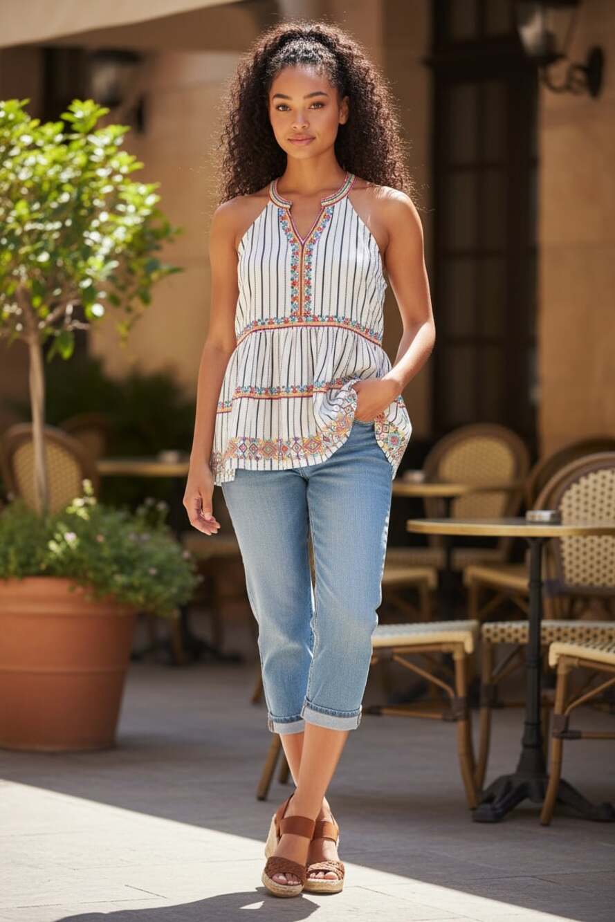 Savanna Jane Boho Embroidered Peplum Tank Top Sleeveless Festival Blouse S